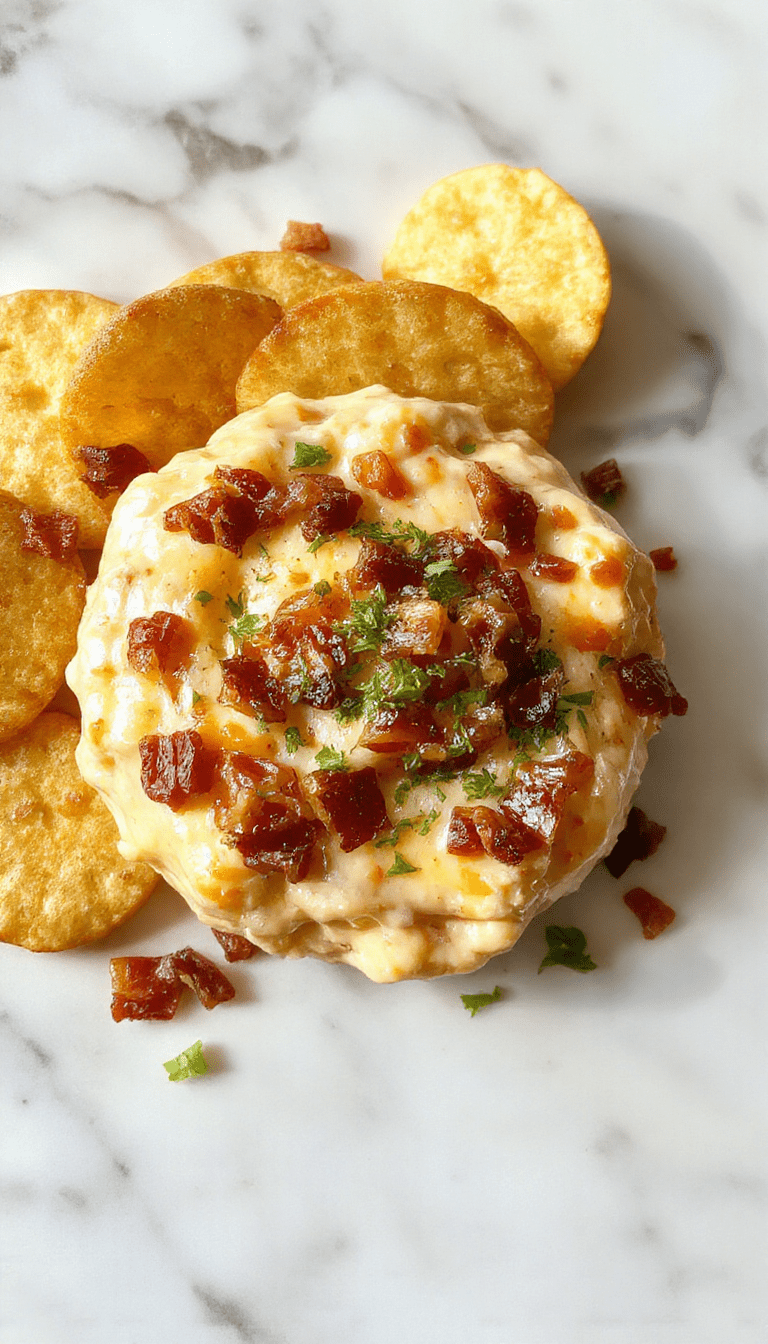 A close-up of a creamy, golden cheese dip topped with crispy bacon bits and drizzled with a glossy maple syrup. The dip is served in a rustic white bowl on a wooden platter, garnished with chopped green onions and extra bacon slices around it. The textures are smooth, slightly bubbly at the edges, with a rich caramel-baramel coloring highlighting the savory and sweet elements.