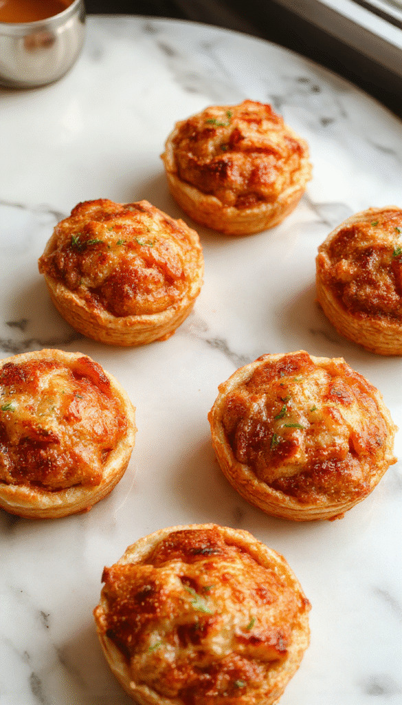 Colorful mini apple pies with golden, flaky crusts filled with stewed apple slices, topped with a dusting of powdered sugar, arranged on a rustic wooden platter, with autumn leaves and cinnamon sticks in the background, showcasing their warm and inviting appearance with a flaky, textured crust and caramelized apple filling.