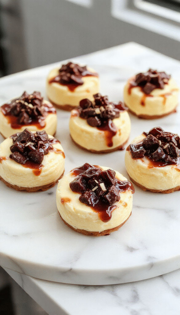 Colorful mini cheesecakes topped with fresh berries and a drizzle of caramel, beautifully arranged on a white platter, showcasing smooth textures and vibrant toppings