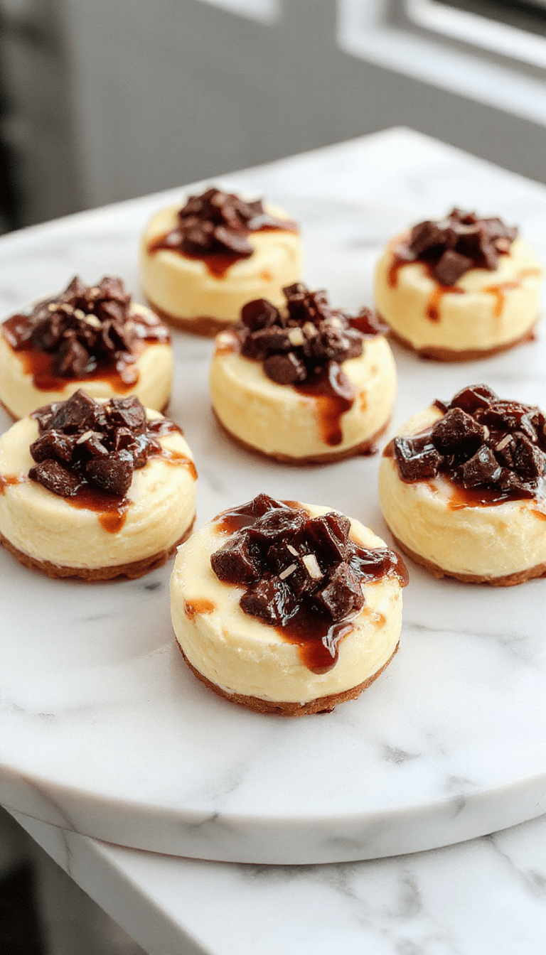 Colorful mini cheesecakes topped with fresh berries and a drizzle of caramel, beautifully arranged on a white platter, showcasing smooth textures and vibrant toppings