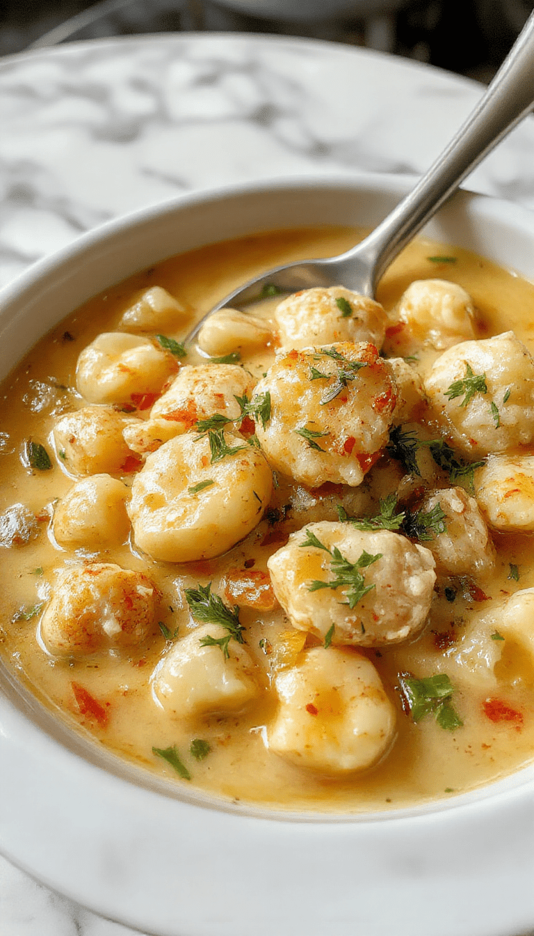 A steaming bowl of Olive Garden Chicken Gnocchi Soup garnished with fresh herbs, showcasing tender chicken, soft gnocchi, and a creamy broth with colorful vegetables.