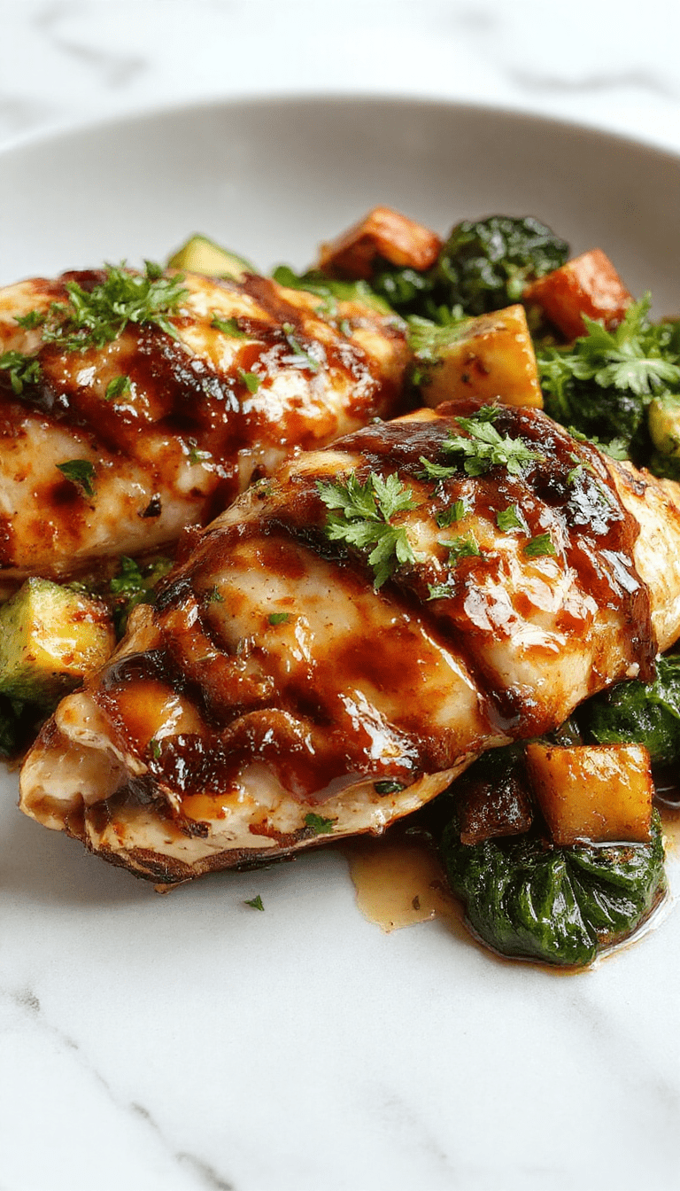 A vibrant plate of balsamic chicken featuring perfectly seared chicken breasts glazed with rich balsamic reduction, garnished with fresh herbs and served alongside colorful roasted vegetables on a rustic wooden table.