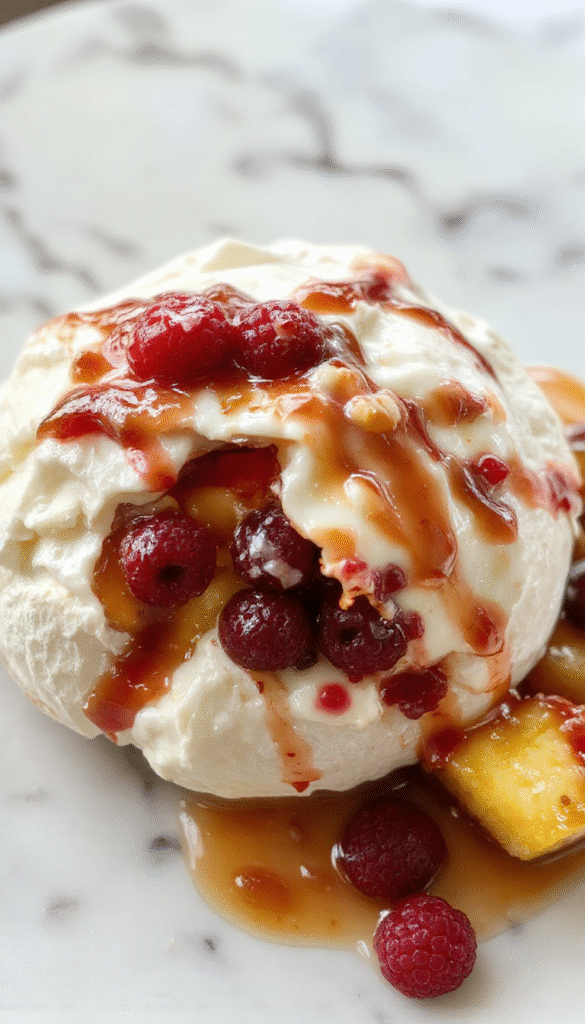 A beautifully plated pavlova with crisp golden meringue topped with generous swirls of whipped cream and an assortment of vibrant fresh fruits including berries, kiwi, and citrus slices, all arranged elegantly on a white plate with soft natural lighting highlighting the textures and colors.