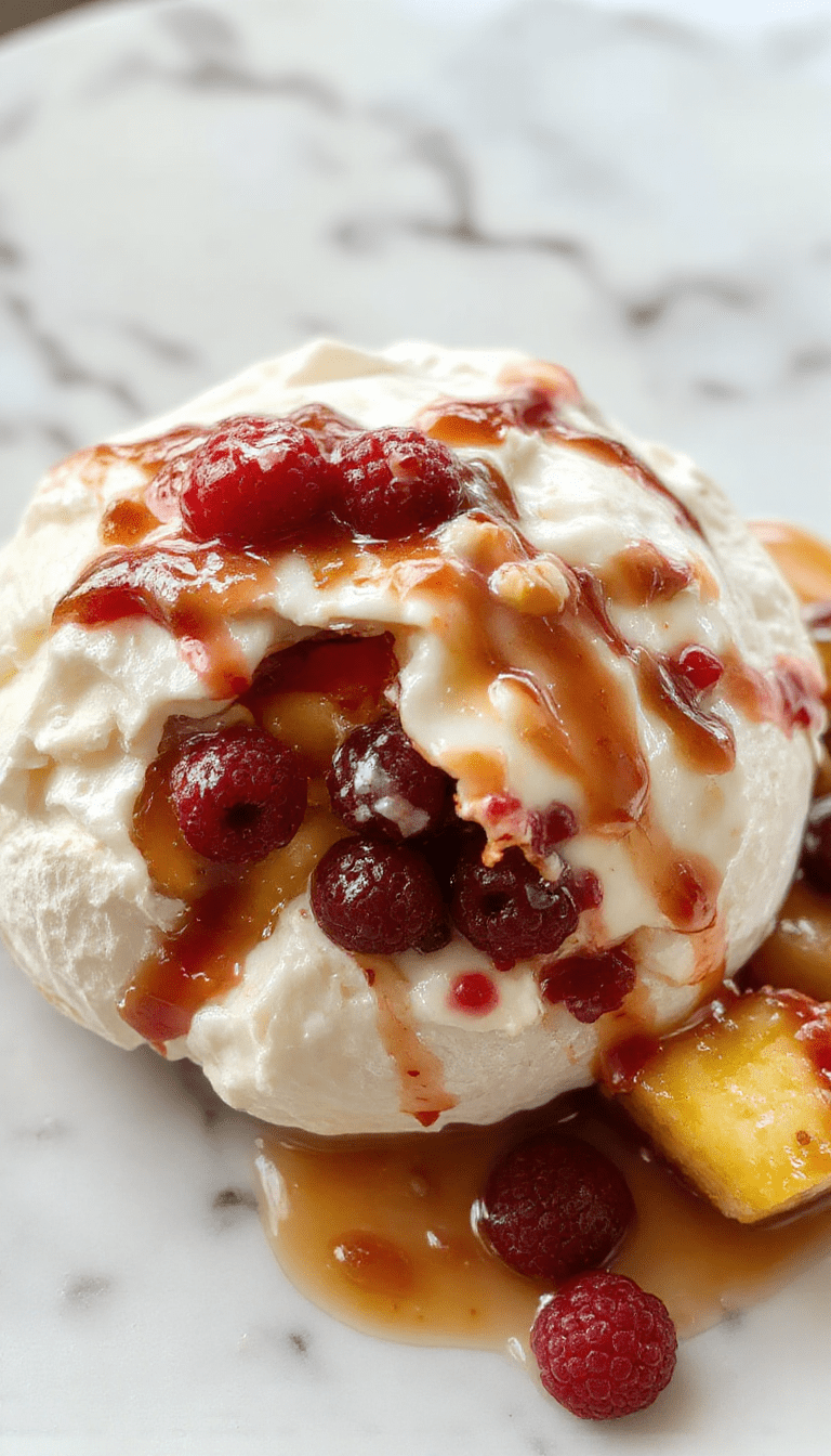 A beautifully plated pavlova with crisp golden meringue topped with generous swirls of whipped cream and an assortment of vibrant fresh fruits including berries, kiwi, and citrus slices, all arranged elegantly on a white plate with soft natural lighting highlighting the textures and colors.