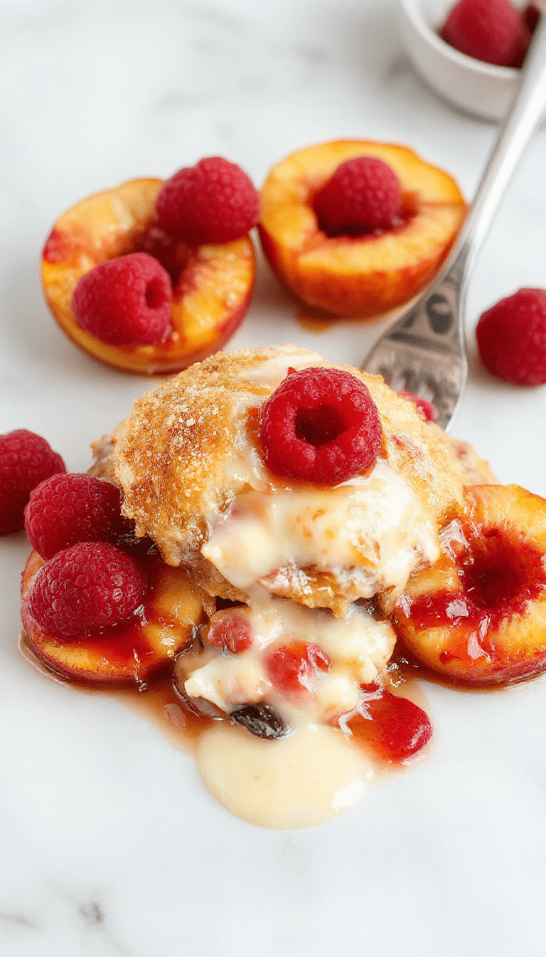 A vibrant dessert plate featuring a freshly baked peach and raspberry cobbler with golden-brown crust, juicy peach slices, bright red raspberries, and a dusting of powdered sugar, styled on a rustic wooden table with a side of vanilla ice cream