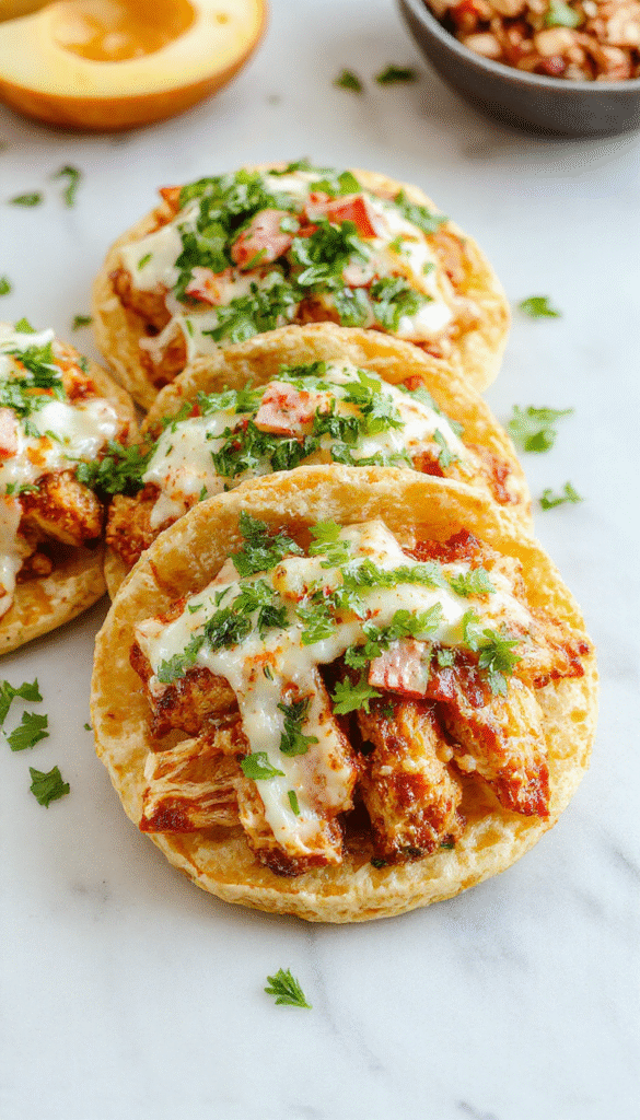 Colorful plate of crispy tostadas topped with shredded rotisserie chicken, sliced avocados, fresh tomatoes, lettuce, and drizzled with crema, arranged attractively on a white ceramic dish with a vibrant background that emphasizes the lively and fresh ingredients.