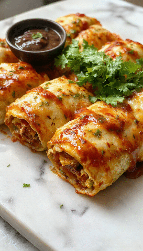Colorful vegan pizza rolls arranged on a rustic wooden platter with a golden crispy crust, gooey melted dairy-free cheese, and vibrant vegetable fillings. The rolls are sliced open to reveal the savory fillings inside, garnished with fresh herbs, and styled with a white backdrop to highlight their textures and colors.