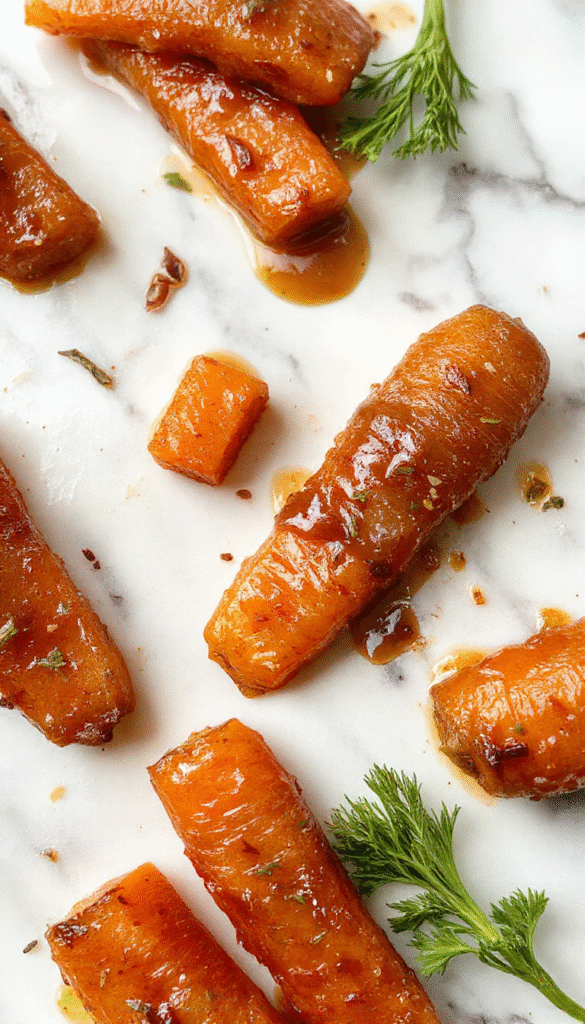 A close-up of caramelized orange carrots glistening with a shiny maple and brown sugar glaze, arranged on a white plate with fresh herbs garnishing, with a rustic wooden background adding warmth.