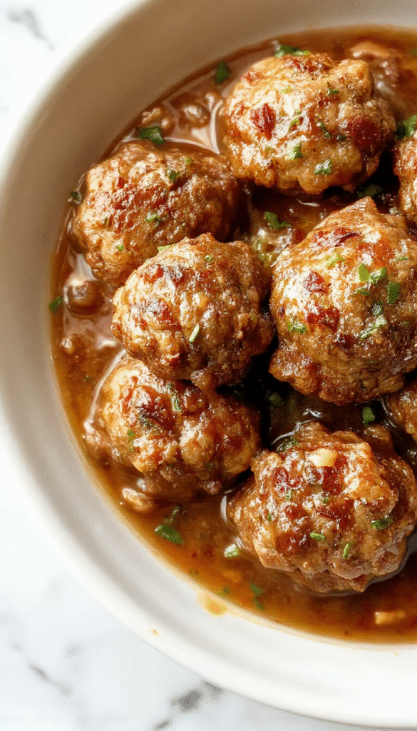 A close-up of a bowl filled with tender Salisbury steak meatballs topped with rich gravy, garnished with parsley, served over mashed potatoes, with steam rising, styled on rustic wooden table with warm lighting.