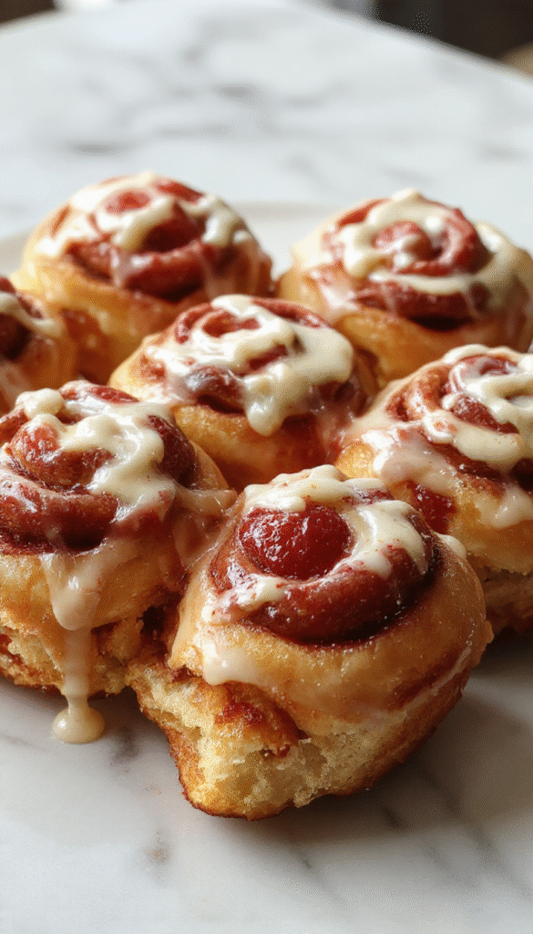 A close-up of golden brown cinnamon rolls drizzled with pink strawberry glaze, topped with fresh strawberries and a swirl of creamy cheesecake filling, styled on a rustic white plate with a dusting of powdered sugar and fresh mint leaves for an inviting presentation.