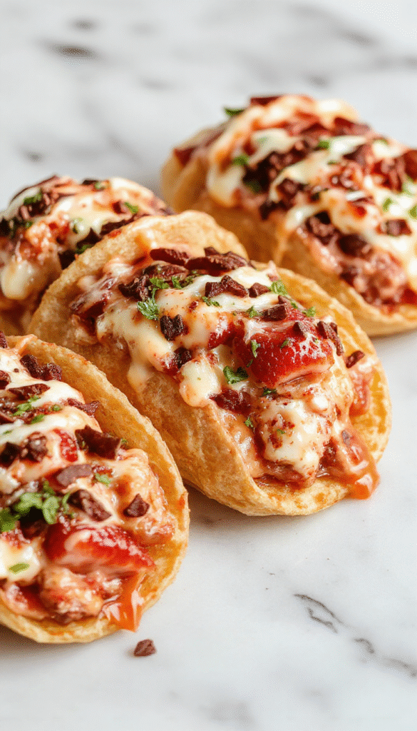 Colorful close-up of strawberry crunch cheesecake tacos arranged on a white plate, featuring crispy taco shells filled with creamy cheesecake and topped with vibrant fresh strawberries and crunchy topping. The presentation showcases a glossy red strawberry glaze drizzled over the tacos, with a sprinkle of crushed cookies on top, vibrant reds, creamy whites, and golden browns emphasized in a well-lit setting.