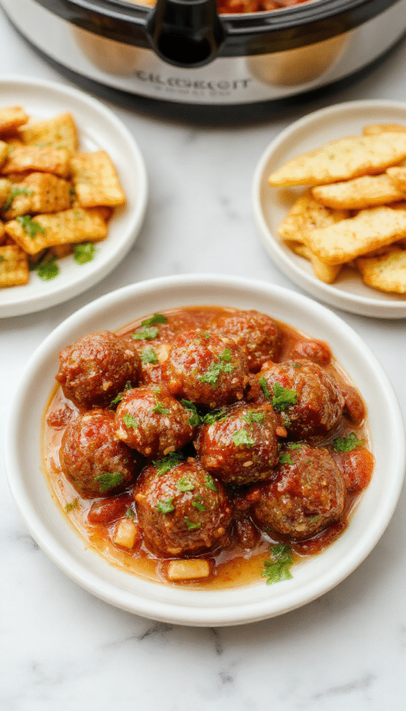 A close-up of glossy, vibrant red sweet chili sauce coating plump, juicy meatballs arranged in a white bowl on a rustic wooden table, garnished with fresh chopped green onions and sesame seeds, with a background of a cozy kitchen setting