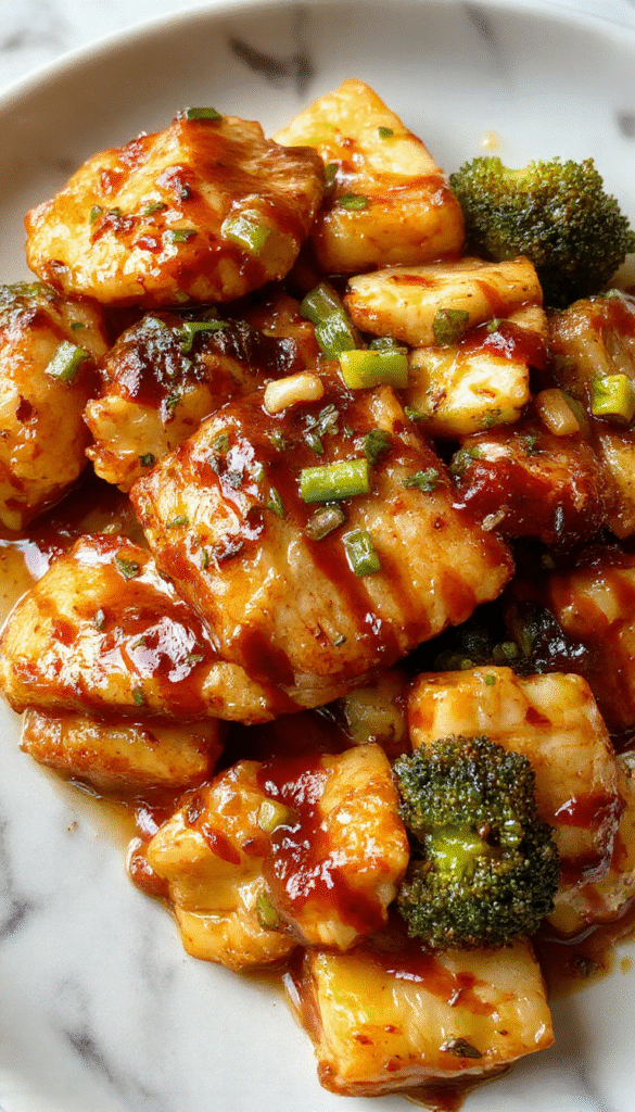 Colorful plate featuring golden-brown stir-fried chicken pieces coated in glossy teriyaki sauce, vibrant green broccoli florets, julienned carrots, and sautéed bell peppers, arranged neatly on a white ceramic dish with sesame seeds sprinkled on top, set on a wooden table with chopsticks and a side of steamed rice in the background.