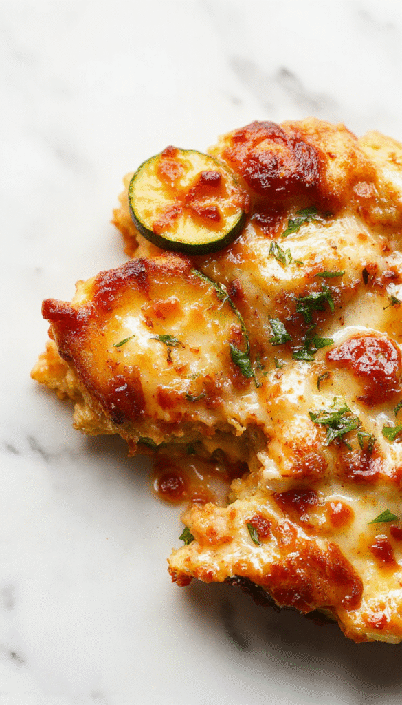 A vibrant zucchini pizza casserole presented in a round baking dish, topped with melted cheese, fresh basil, and sliced zucchini, with crispy edges and a golden-brown crust, styled with a rustic wooden table background.