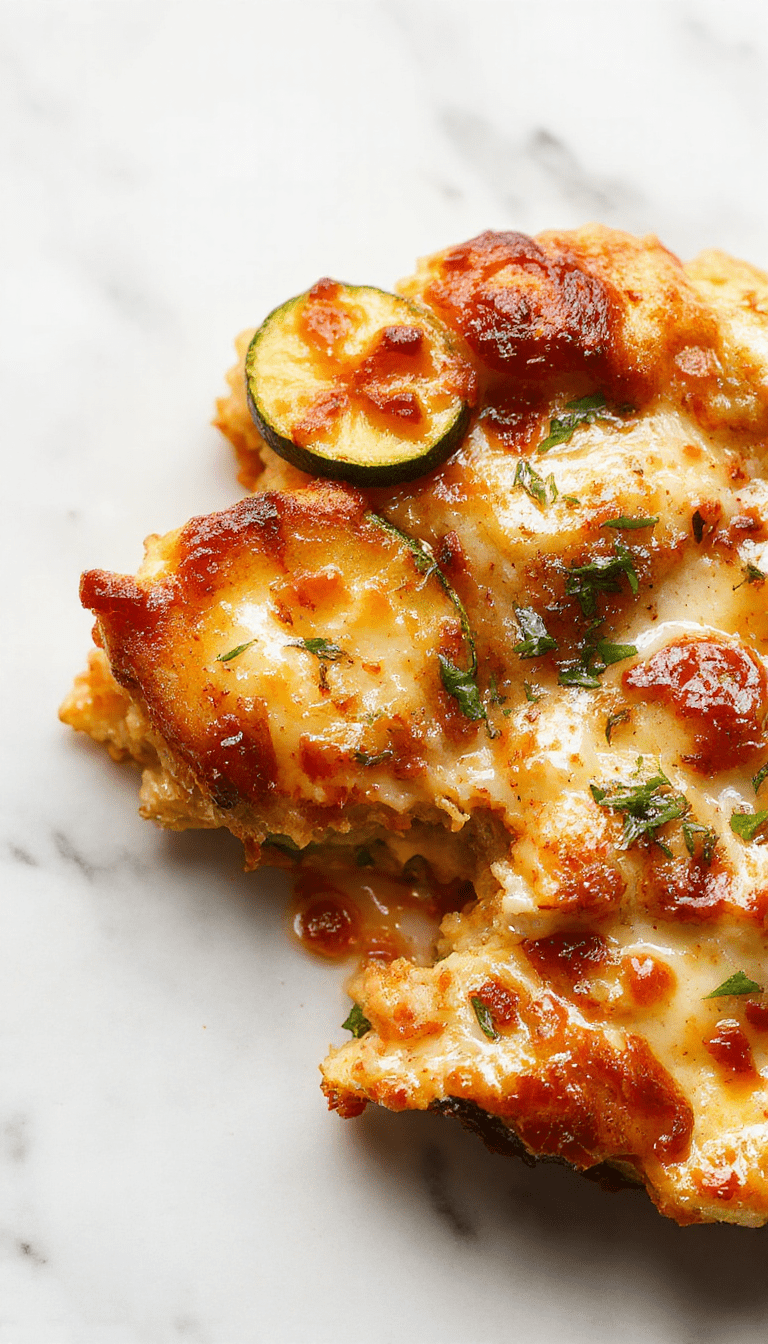 A vibrant zucchini pizza casserole presented in a round baking dish, topped with melted cheese, fresh basil, and sliced zucchini, with crispy edges and a golden-brown crust, styled with a rustic wooden table background.