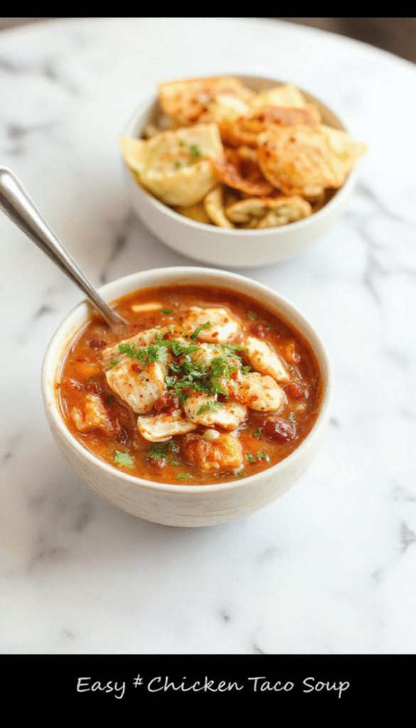 A vibrant bowl of chicken taco soup topped with shredded cheese, fresh cilantro, and lime wedges. The soup has a rich orange-red color with visible chunks of tender chicken, black beans, corn, and diced tomatoes, showcasing a warm, comforting texture. The bowl is set against a rustic wooden table with garnishes arranged artfully around, creating an inviting and flavorful presentation.