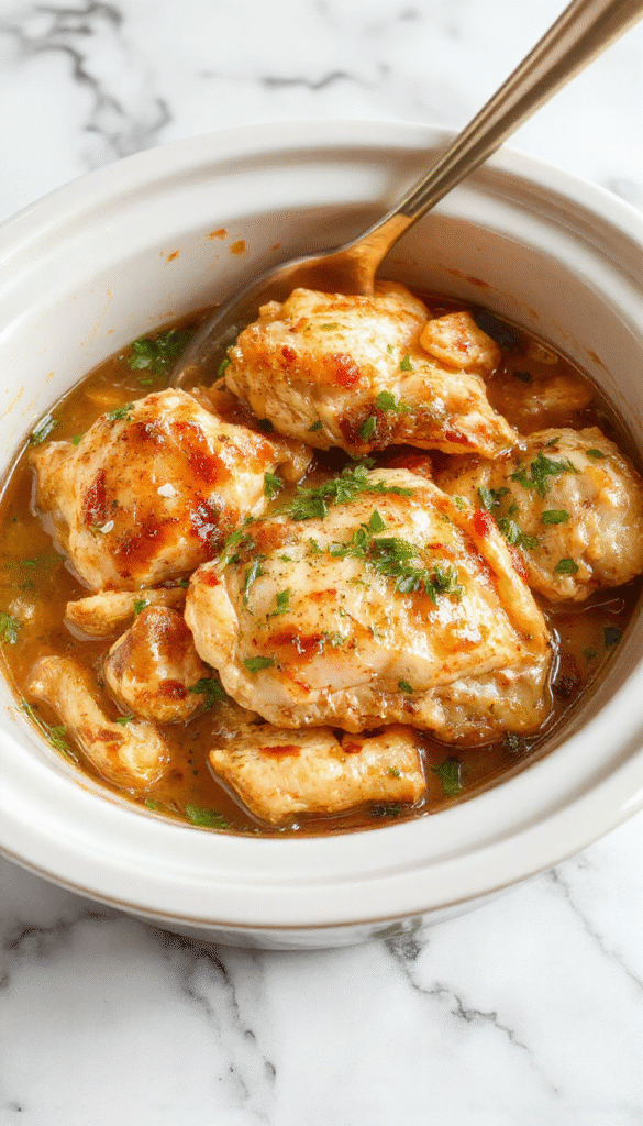 A close-up of a creamy chicken dish in a rustic white bowl, garnished with chopped herbs, served on a wooden table with a sprig of rosemary and a drizzle of sauce, showcasing tender, flavorful chicken with a smooth sauce texture.
