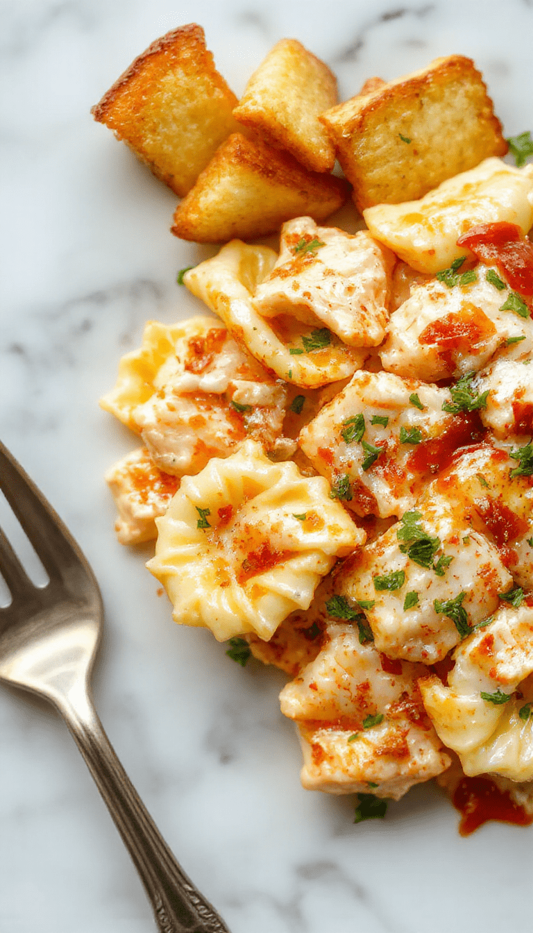 A vibrant bowl of creamy chicken tortellini garnished with fresh herbs, served with a side of sliced grilled chicken and colorful vegetable accents, showcasing a hearty and comforting meal in a rustic setting.