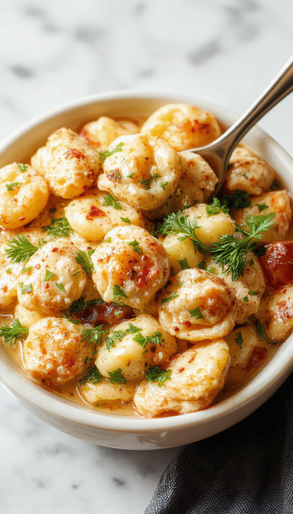 A vibrant plate of creamy chicken tortellini featuring tender pasta filled with chicken, topped with fresh herbs and a rich sauce, served on a rustic white plate with a colorful salad in the background.