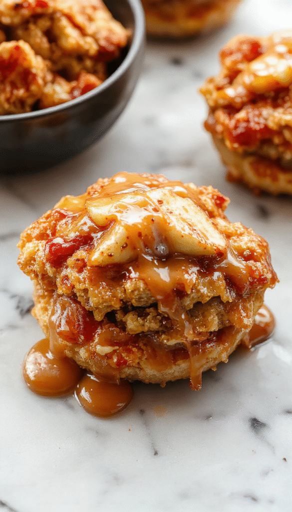 A vibrant, golden-brown dump cake with caramel swirl topping, garnished with sliced fresh apples and drizzled with caramel sauce on a rustic plate, set against a cozy kitchen backdrop with warm lighting.