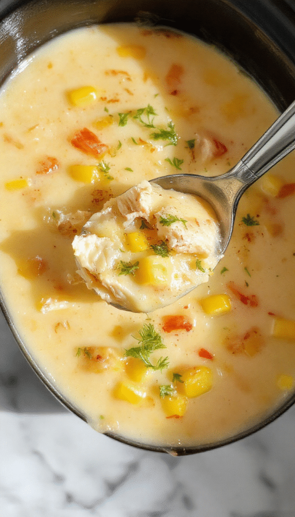 A creamy chicken corn chowder served in a white bowl garnished with chopped parsley, showcasing chunks of tender chicken, bright yellow corn kernels, and a velvety broth with a sprinkle of herbs, plated on a rustic wooden table with a spoon beside it