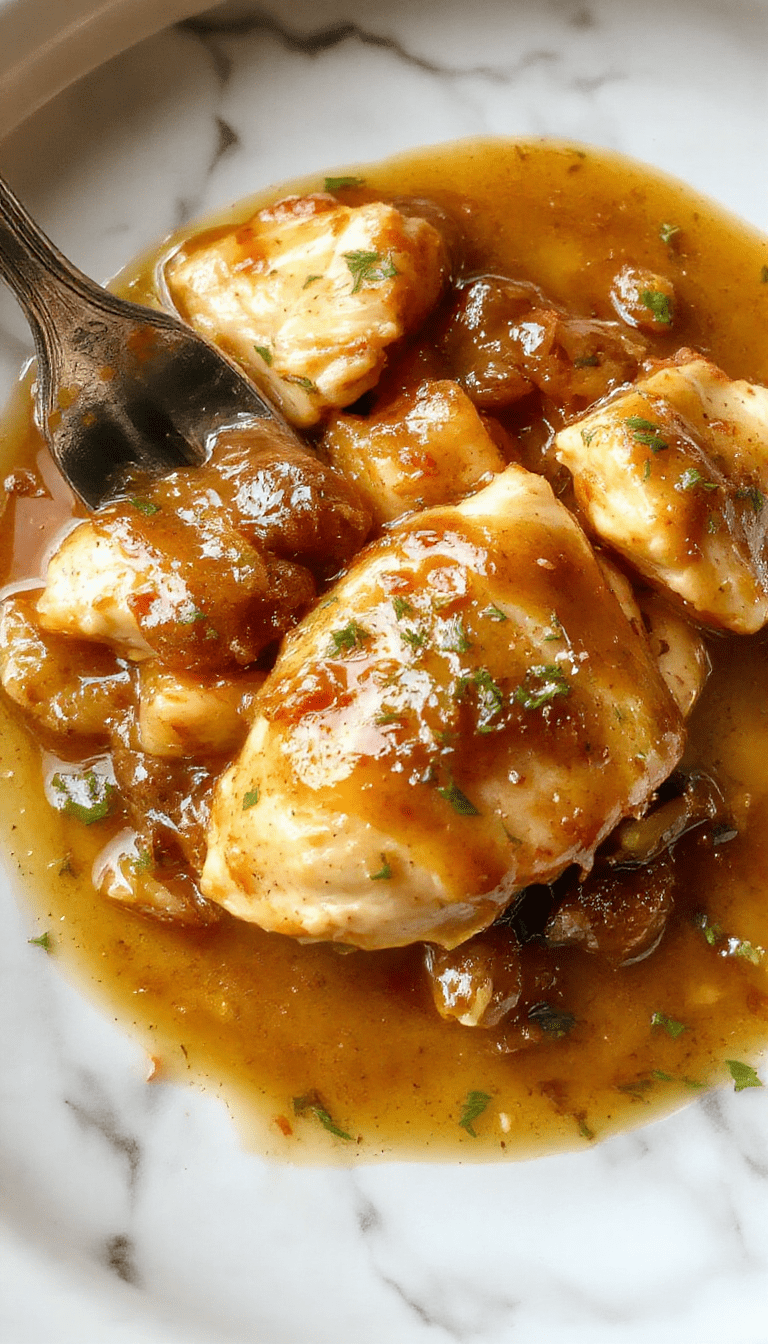 A steaming plate featuring tender shredded chicken smothered in rich gravy, garnished with fresh herbs on a rustic wooden table, showcasing a warm, comforting meal with a glossy gravy texture and perfectly cooked chicken pieces.