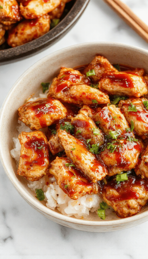 A close-up shot of tender, glazed teriyaki chicken cooked in a slow cooker, served on a white plate with green garnishes, shiny caramelized sauce, and steam rising, with colorful vegetables and rice in the background, styled simply for an inviting home-cooked meal
