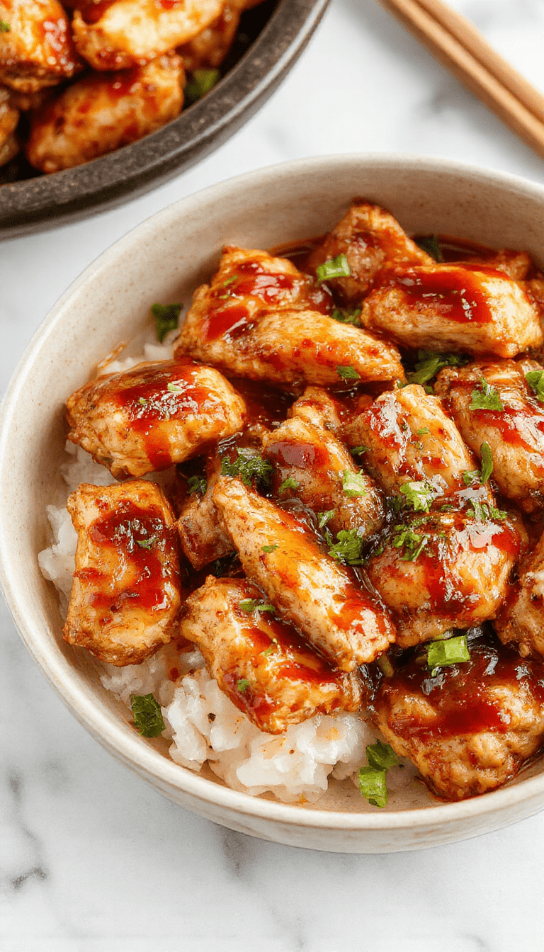A close-up shot of tender, glazed teriyaki chicken cooked in a slow cooker, served on a white plate with green garnishes, shiny caramelized sauce, and steam rising, with colorful vegetables and rice in the background, styled simply for an inviting home-cooked meal