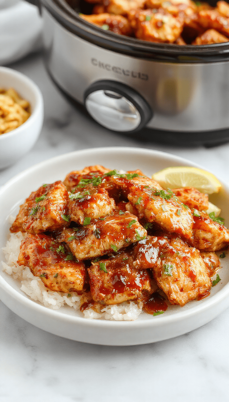 A vibrant plate of golden-brown shredded chicken glazed with glossy teriyaki sauce, garnished with chopped green onions and sesame seeds, set on a rustic wooden table with a side of steamed rice and fresh vegetables, beautifully styled for a home-cooked comfort meal.