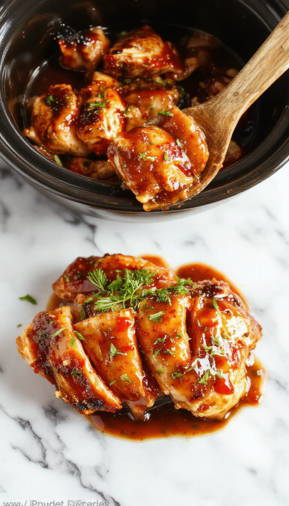 A vibrant plate of shredded Crockpot Teriyaki Chicken glazed with rich, shiny sauce, garnished with chopped green onions and sesame seeds, served alongside steamed rice on a rustic wooden table with a glossy bowl of extra sauce.
