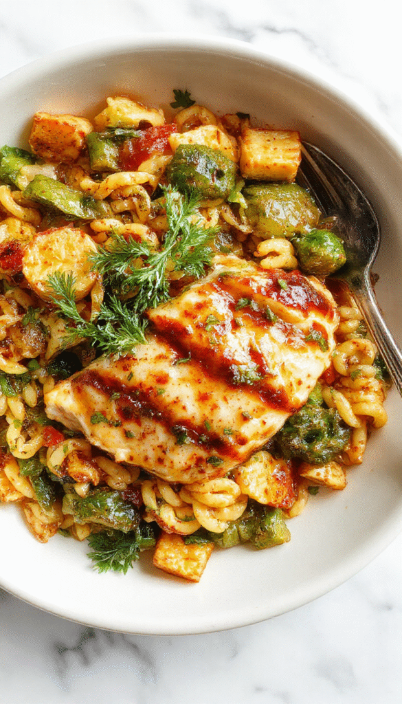 A vibrant plate showcasing tender pieces of chicken glazed with balsamic reduction, served over fluffy orzo pasta mixed with colorful sautéed vegetables, garnished with fresh herbs, all on a rustic wooden table.