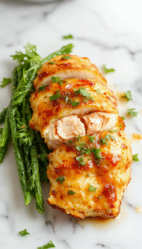 A vibrant plate of creamy butter chicken garnished with fresh cilantro, served alongside fluffy steamed rice. The dish features tender, saucy chicken pieces coated in a rich, golden buttery sauce, with a glossy finish and a sprinkle of herbs. The background showcases a rustic wooden table with side garnishes and a drizzle of sauce for extra appeal.