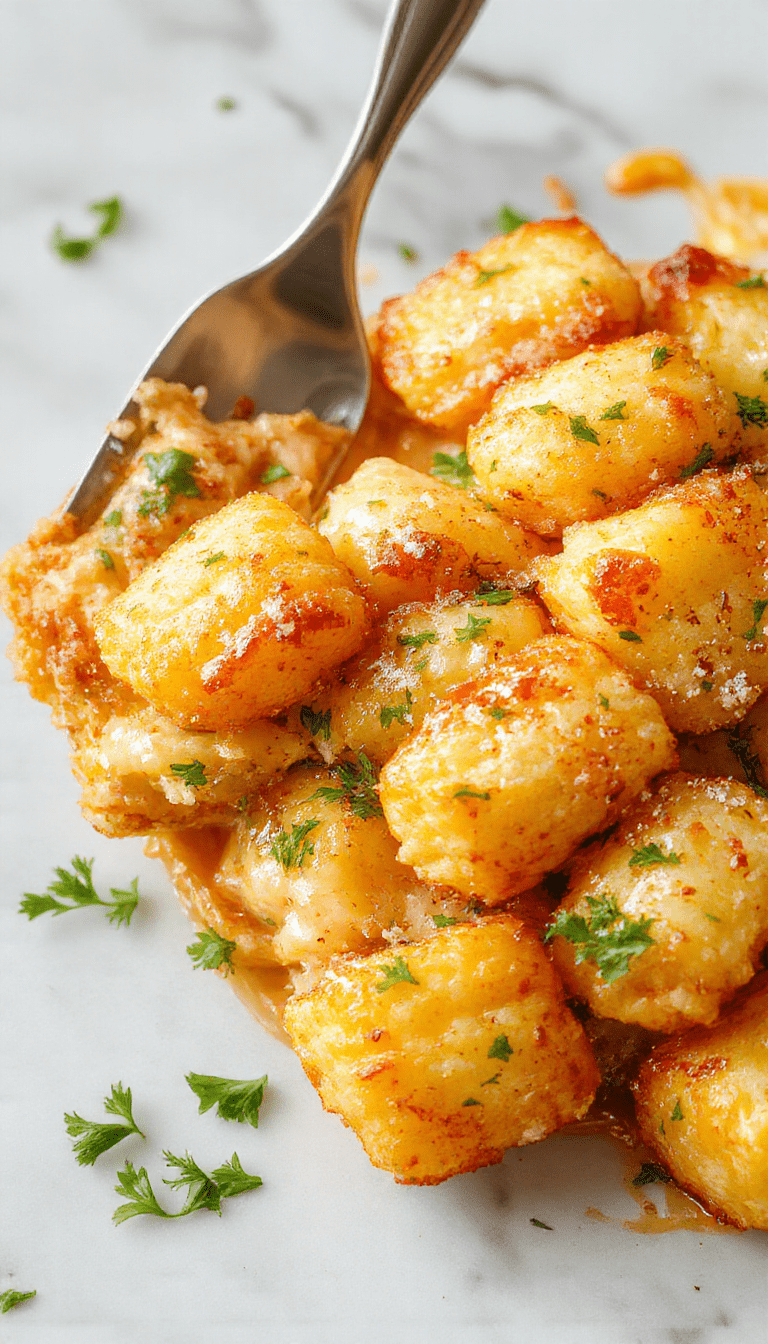 A colorful plate featuring a golden-brown tater tot casserole topped with melted cheese and fresh herbs, served in a rustic dish with a spoon beside it, vibrant and appetizing.