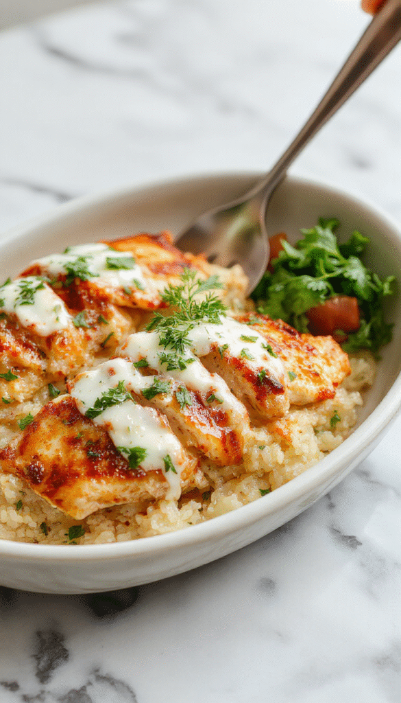 Colorful dish featuring tender baked chicken pieces topped with creamy tzatziki sauce and served over fluffy rice. The plate showcases a vibrant presentation with fresh herbs, slices of cucumber, and a drizzle of sauce, all styled neatly on a rustic white plate with a background of Mediterranean-inspired elements.