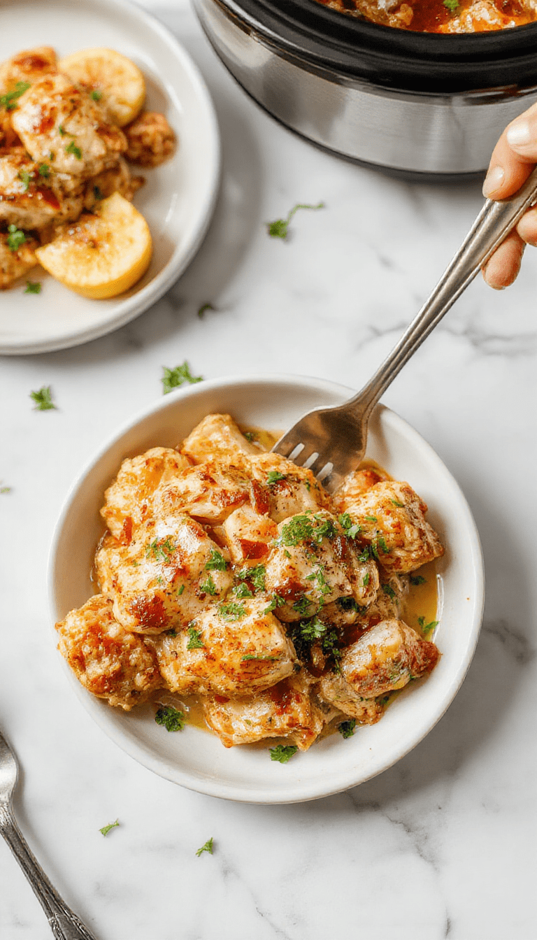 A beautifully plated Crockpot Marry Me Chicken featuring tender, juicy chicken breasts smothered in a rich, creamy sauce with herbs, garnished with fresh parsley on a rustic wooden table with warm ambient lighting.