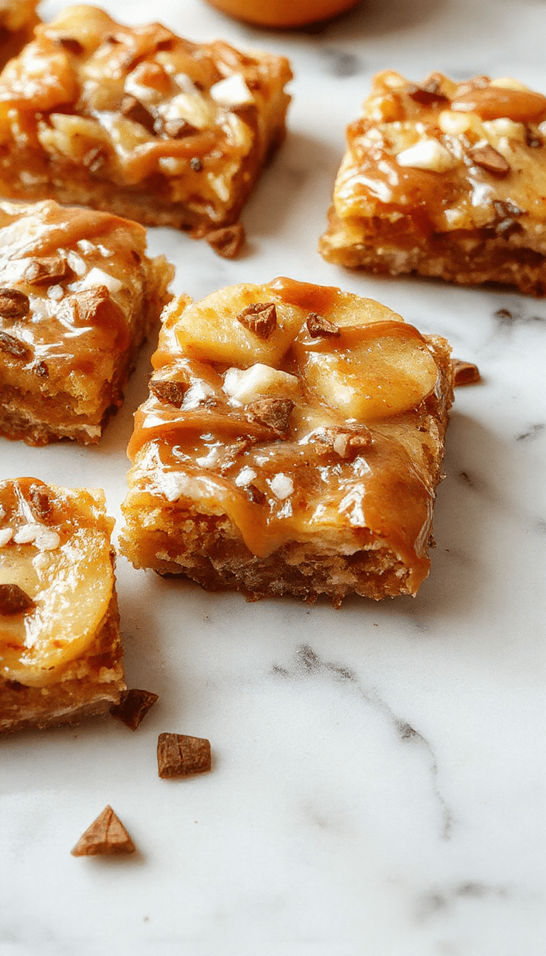 A close-up of golden caramel apple bars topped with a sprinkle of sea salt, arranged on a rustic wooden platter. The bars display a layered texture with a caramel glaze and chunks of fresh, crispy apple inside. Soft lighting enhances their warm, inviting colors, with some bars cut to reveal the gooey caramel and apple filling, complemented by fall-themed decorations in the background.