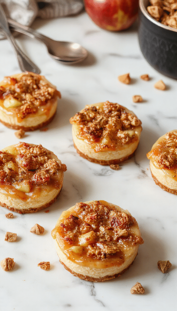 A close-up image of mini cheesecakes topped with caramelized apple slices and a dusting of cinnamon, nestled on a rustic wooden platter with a fall-themed backdrop, showcasing their creamy texture and golden crust.