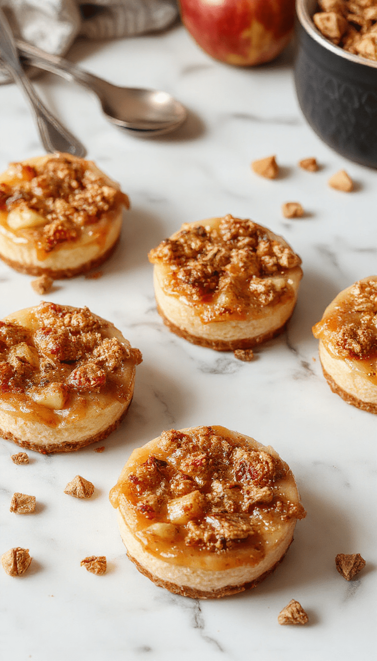 A close-up image of mini cheesecakes topped with caramelized apple slices and a dusting of cinnamon, nestled on a rustic wooden platter with a fall-themed backdrop, showcasing their creamy texture and golden crust.