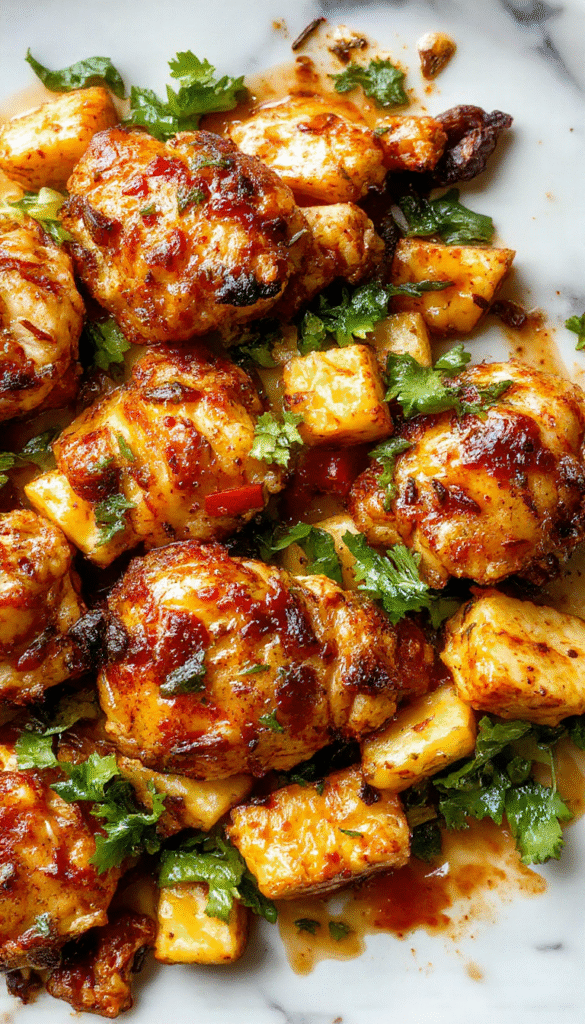 Colorful chicken fajitas arranged on a baking sheet with vibrant red and yellow bell peppers, green onions, and seasoned chicken strips. The dish features a charred, crispy texture with glossy, spicy marinade gleaming on the meat, presented on a rustic wooden surface with garnished cilantro and lime wedges, highlighting fresh ingredients and a sizzling, appetizing appearance.