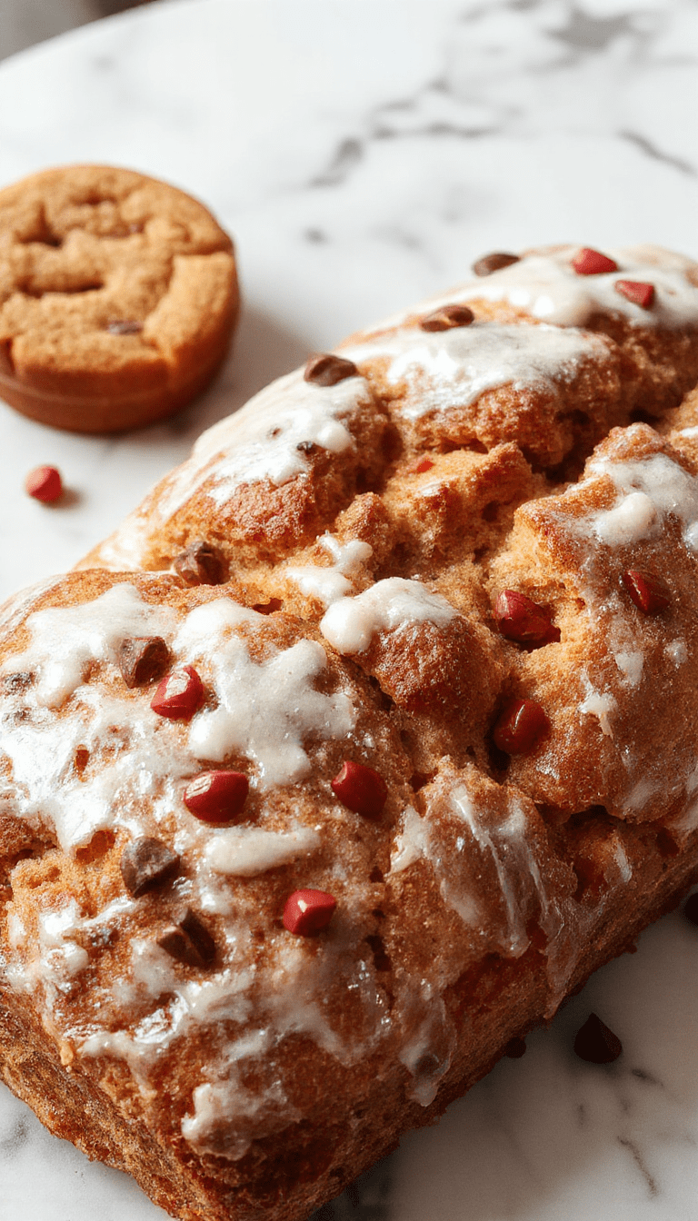 A beautifully plated festive Christmas bread loaf with golden crust, topped with powdered sugar and colorful sprinkles, surrounded by holiday decorations and greenery, showcasing a warm and inviting holiday atmosphere.