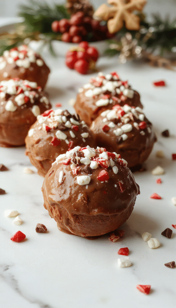 A vibrant scene featuring a round Christmas hot chocolate bomb wrapped in a shiny foil with holiday motifs, surrounded by mugs filled with creamy hot chocolate topped with whipped cream and colorful sprinkles, set on a rustic wooden table with festive decorations and twinkling lights in the background, creating a cozy holiday atmosphere with bright reds, greens, and whites.