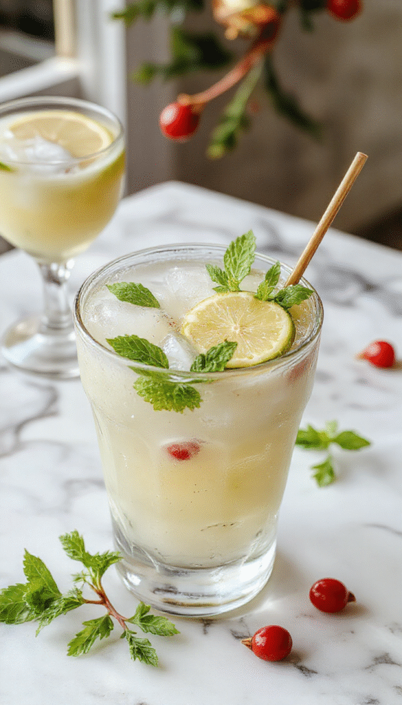 A vibrant festive cocktail glass filled with a bright green Margarita garnished with fresh mint sprigs, lime wedges, and a small mistletoe branch on a holiday-themed table with colorful decorations