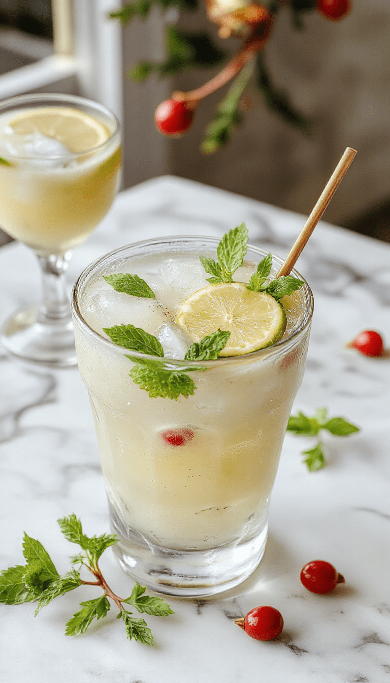 A vibrant festive cocktail glass filled with a bright green Margarita garnished with fresh mint sprigs, lime wedges, and a small mistletoe branch on a holiday-themed table with colorful decorations