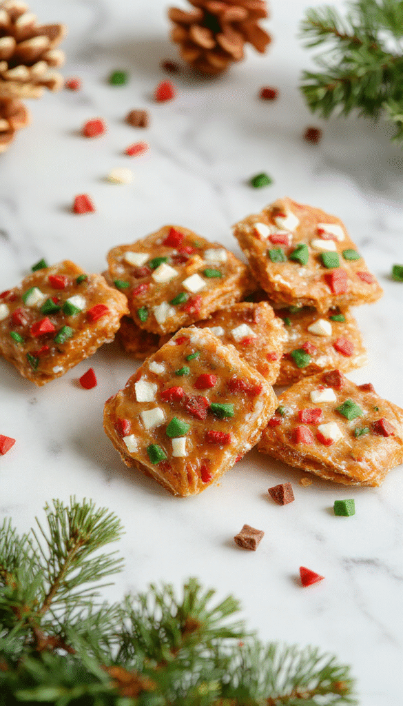 A glossy golden-brown toffee sheet topped with chopped nuts and sprinkled with sea salt, beautifully sliced into uniform pieces on a festive holiday plate, with a rustic wooden background and holiday decorations in soft focus.