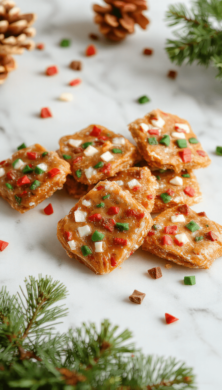 A glossy golden-brown toffee sheet topped with chopped nuts and sprinkled with sea salt, beautifully sliced into uniform pieces on a festive holiday plate, with a rustic wooden background and holiday decorations in soft focus.