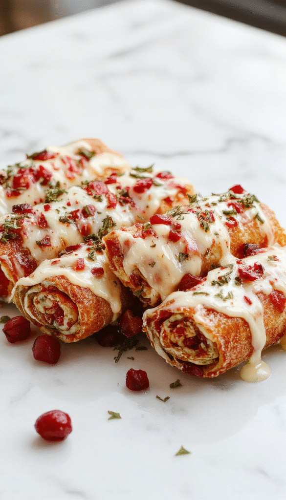 Colorful festive appetizer featuring rolled crispy bread slices filled with vibrant red cranberry spread, garnished with mint leaves and orange zest on a white plate with holiday decorations in the background, showcasing textures of crunchy rolls and juicy cranberries