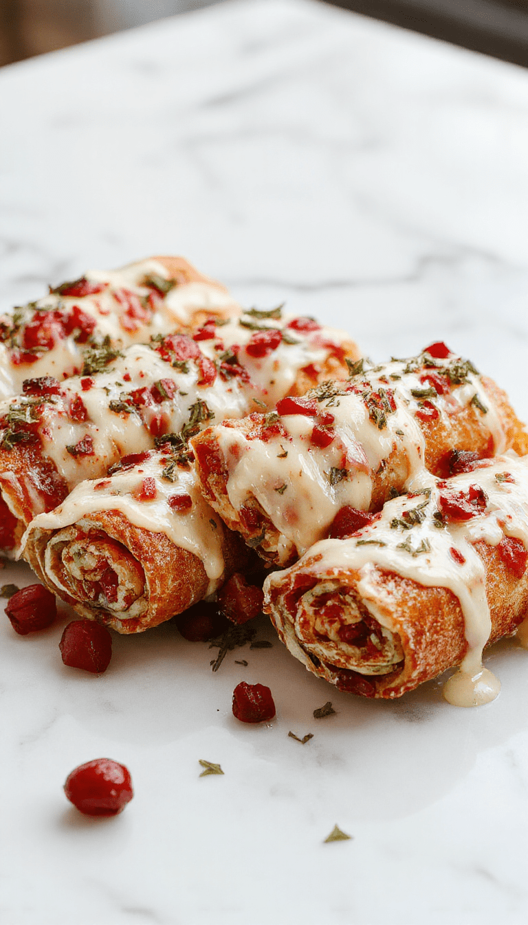 Colorful festive appetizer featuring rolled crispy bread slices filled with vibrant red cranberry spread, garnished with mint leaves and orange zest on a white plate with holiday decorations in the background, showcasing textures of crunchy rolls and juicy cranberries