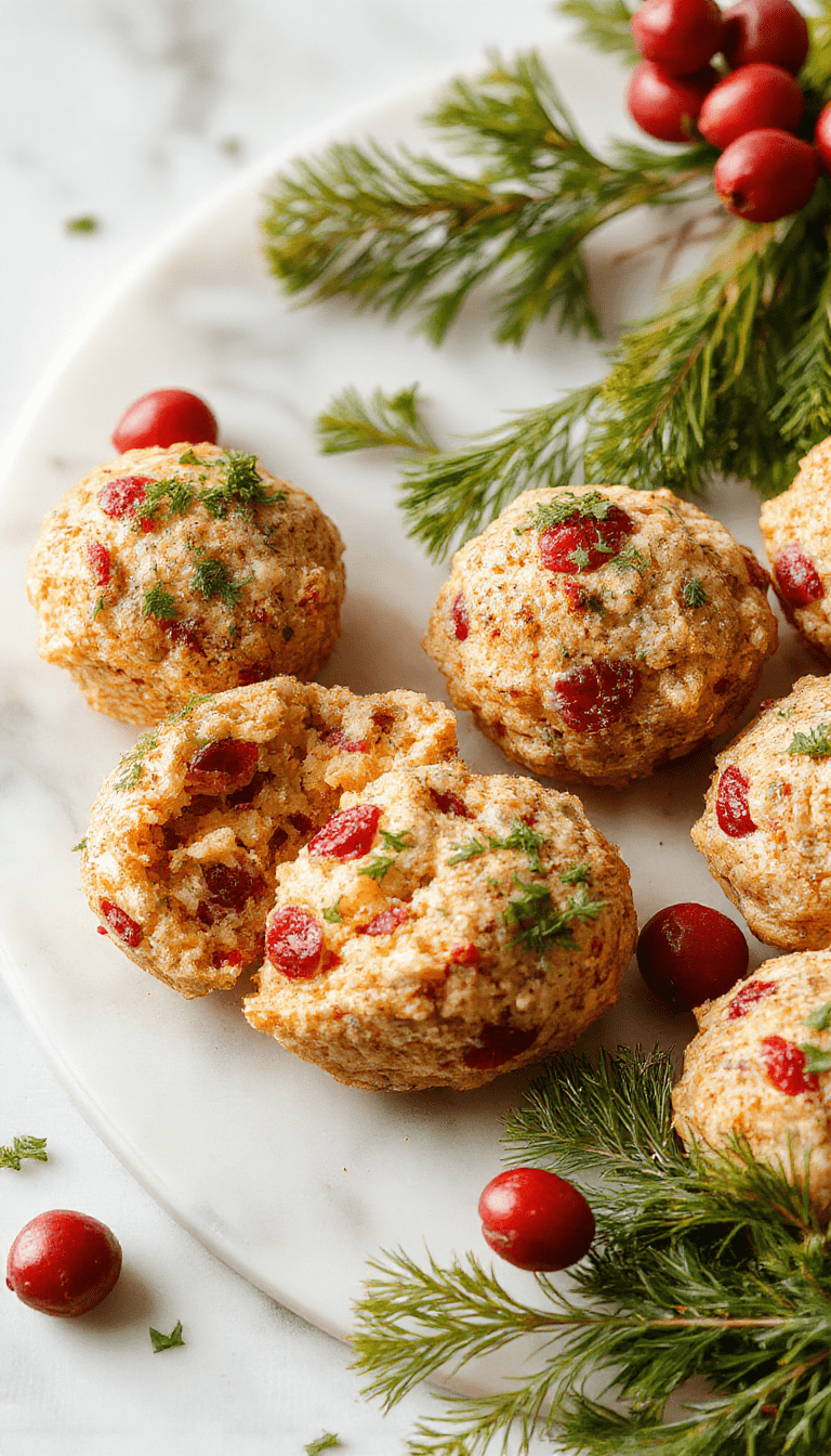 Colorful holiday appetizer featuring golden-brown stuffing balls studded with vibrant red cranberries, arranged neatly on a festive plate garnished with fresh parsley, with a blurred holiday table setting in the background