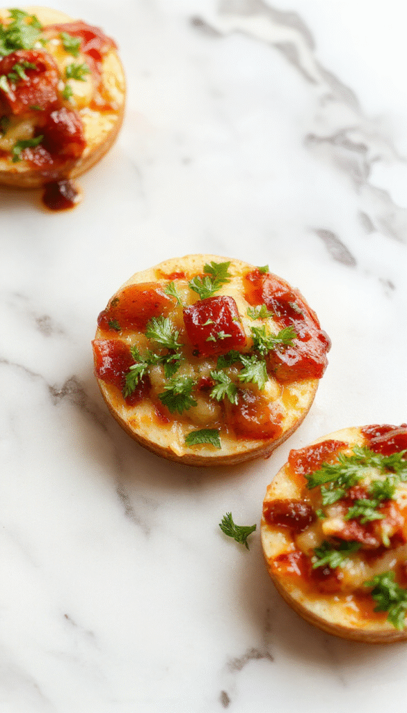 Colorful arrangement of assorted holiday appetizers on a white platter featuring mini bruschettas, cheese and fruit skewers, stuffed mushrooms, and colorful veggie dips, garnished with fresh herbs, styled on a rustic wooden table with holiday decor accents in the background