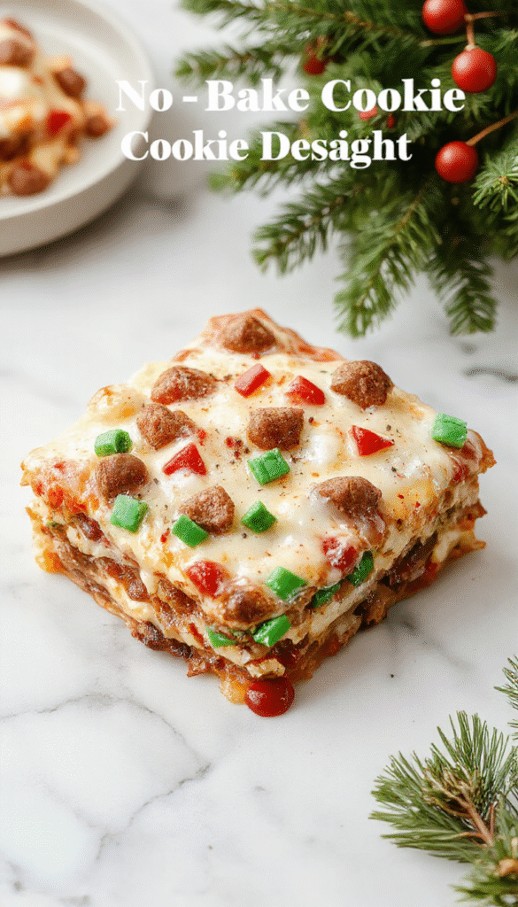 Colorful Christmas cookie lasagna layered with festive red and green candies, creamy frosting, and graham crackers, served on a white platter with holiday decorations in the background, showcasing a cheerful and vibrant holiday dessert.